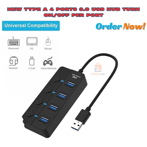New Type A 4 Ports 3.0 USB HUB Turn on/Off per Port 5 Gbps LED Indication Black 4 Port USB Hub For PC Computer laptop smart[hones high speed data transfer supported